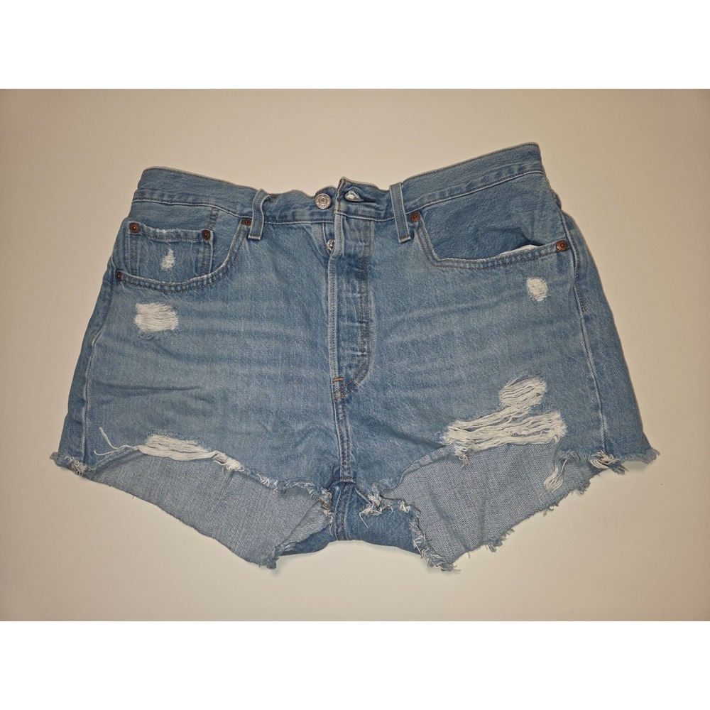 Levi's 501 Shorts Womens 32 Blue Denim Raw Hem Distressed Original Fit High Rise